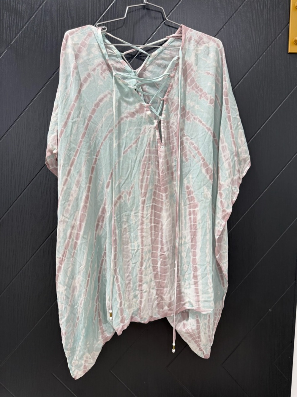 Neiman Marcus Mint & Blush Lace-Up Tie-Dye Tunic